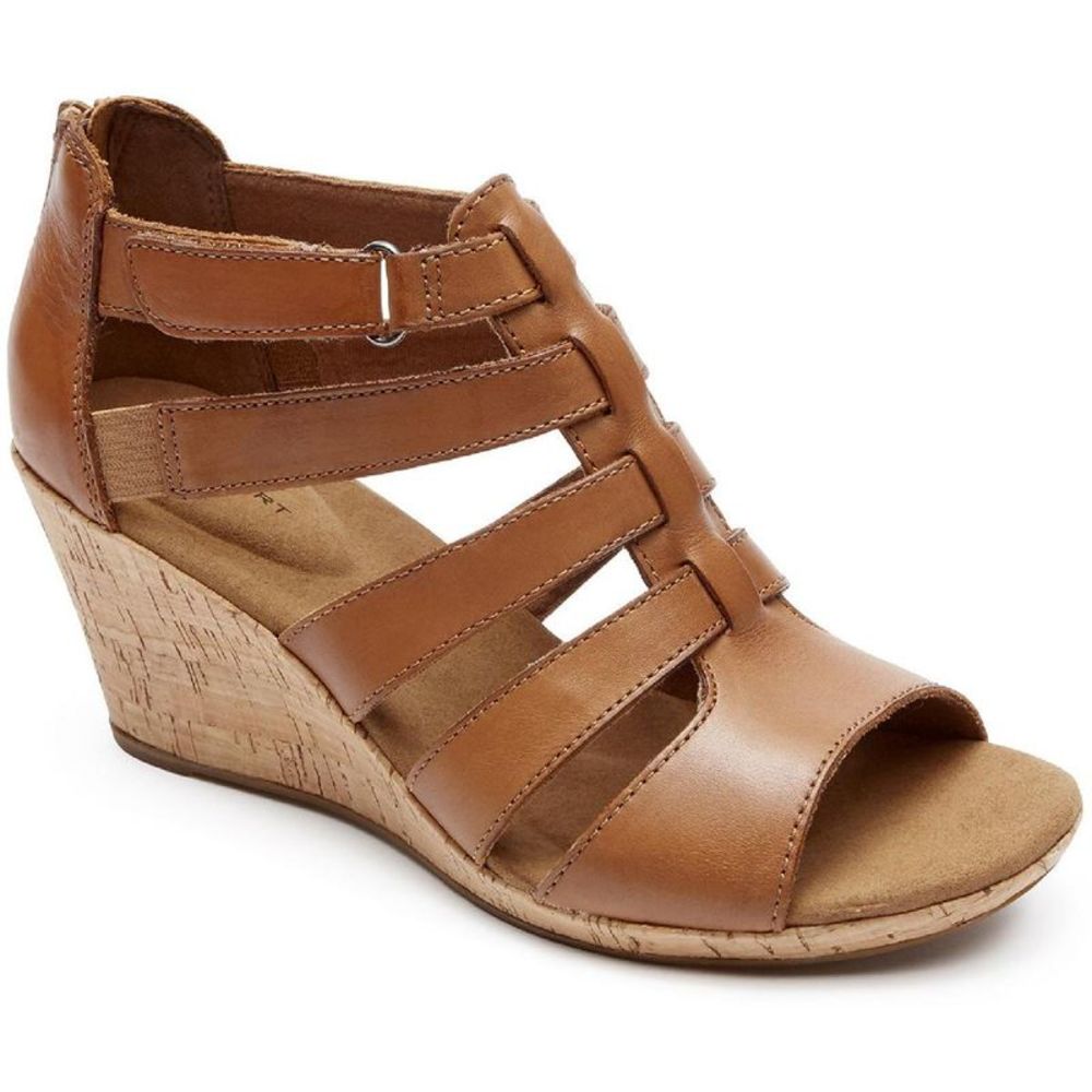 Rockport Womens Briah Gladiator Tan Cork Open-Toe Wedge Heels Shoes NWT